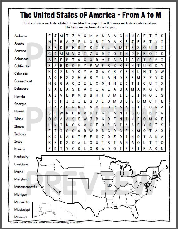United States word search worksheet featuring national treasures and historical landmarks for fourth graders