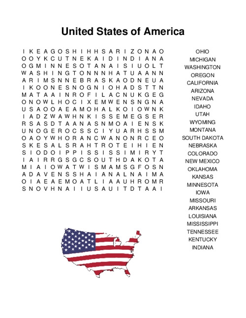 United States word search worksheet featuring national treasures and historical landmarks