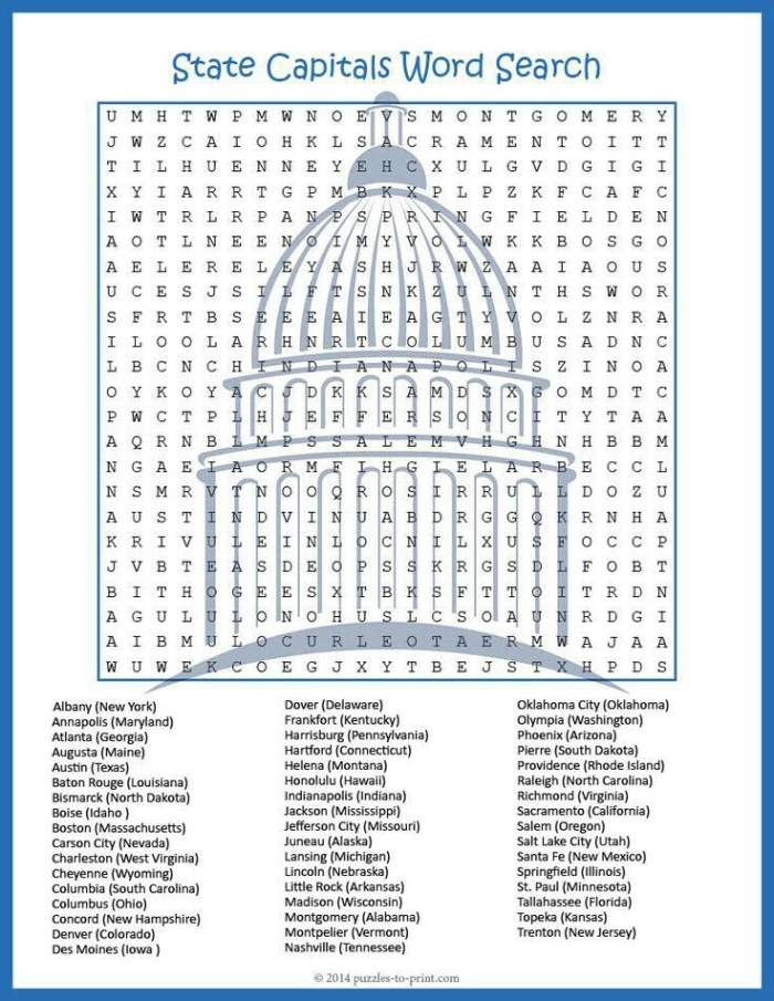 United States word search worksheet featuring national treasures and historical sites for fourth graders