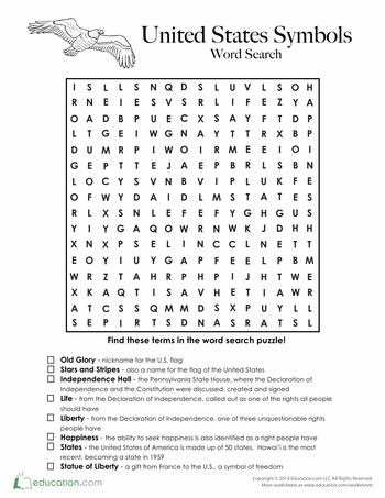 ALT text for image of a United States Word Search worksheet designed for fourth graders