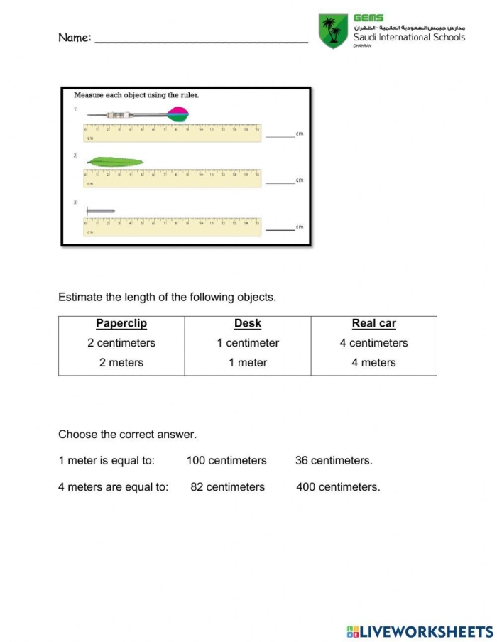 Interactive worksheet introducing basic measurement concepts for students Fourth grade worksheet on units of measurement with quiz-style questions