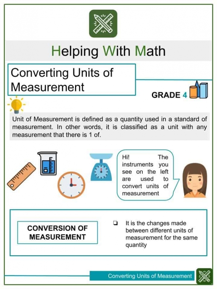 Educational quiz on units of measurement for grammar and mechanics Worksheet featuring various units of measurement for fourth graders