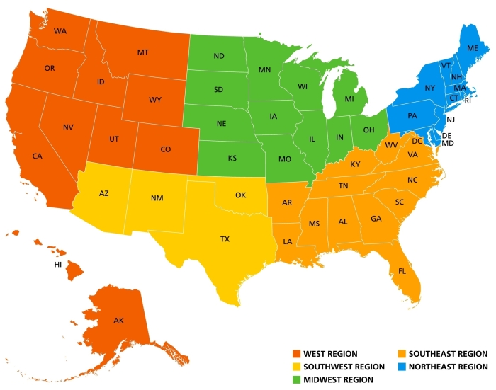 Map showing the eight regions of the United States, designed for fourth-grade subtraction practice