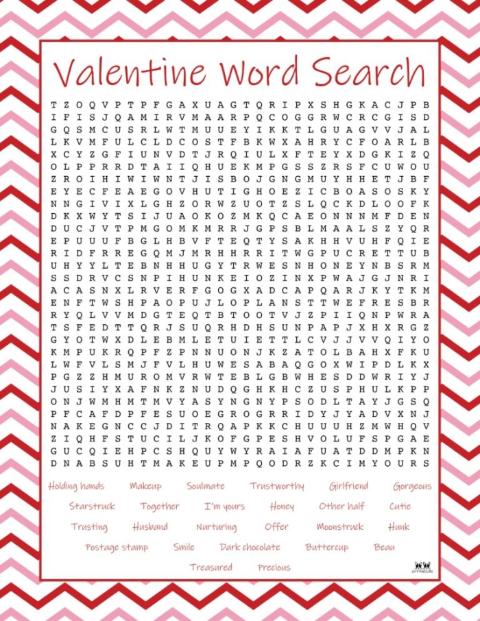Fourth grade students solve a Valentine's Day word search puzzle featuring 23 holiday-themed vocabulary terms