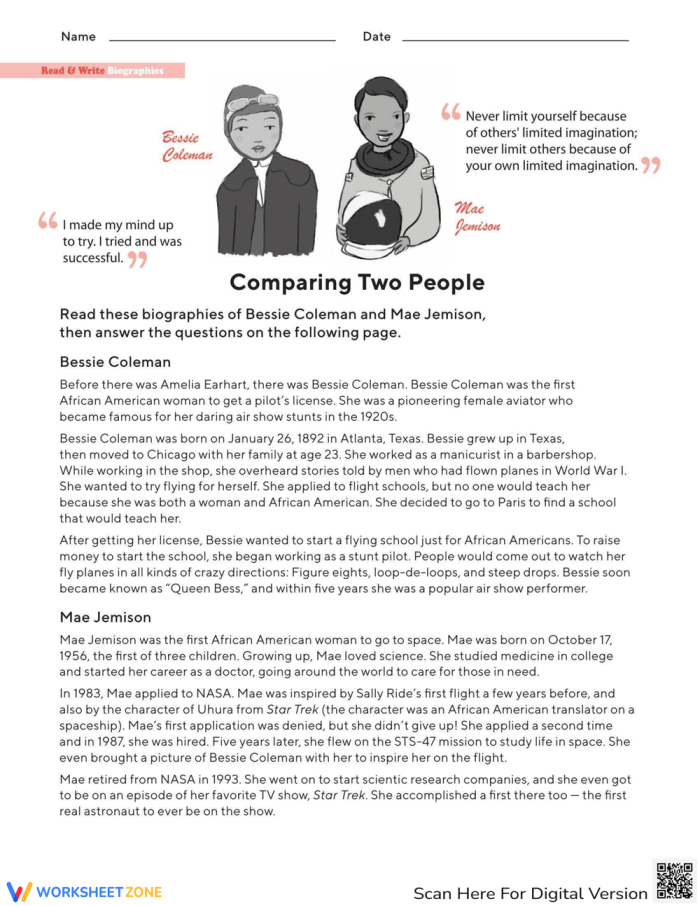 Bessie Coleman and Mae Jemison Venn diagram worksheet for fourth graders