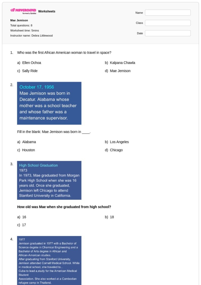Fourth grade reading worksheet featuring a Venn diagram exercise comparing the lives of Bessie Coleman and Mae Jemison