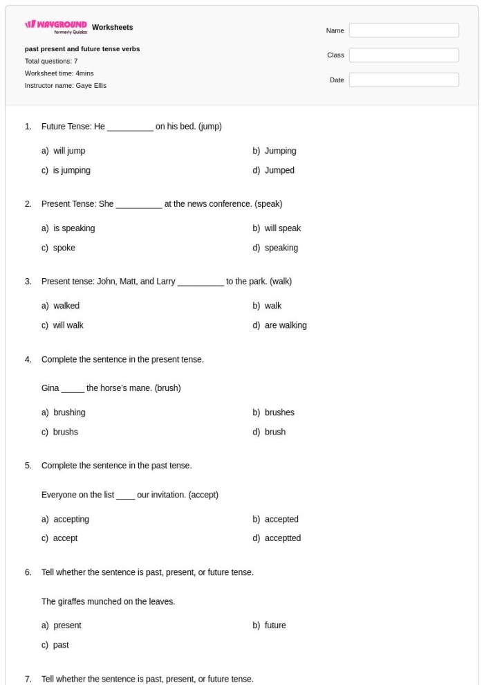 Fourth grade students practicing past present and future verb tense identification on a worksheet
