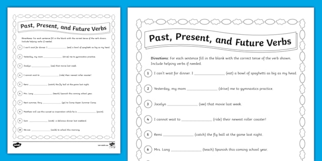 Worksheet illustrating verbs in past, present, and future tenses for fourth graders
