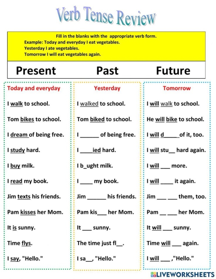 Fourth grade worksheet focused on identifying and conjugating verbs in past present and future tenses
