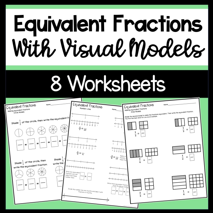 Fourth grade math worksheet featuring colorful visual models to teach equivalent fractions