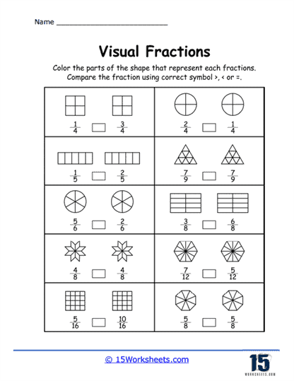 Colorful fourth-grade worksheet illustrating equivalent fractions using visual models