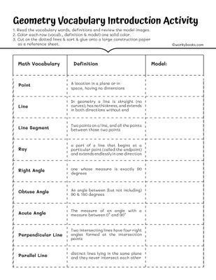 Fourth grade geometry worksheet featuring printable vocabulary cards for identifying different types of lines.