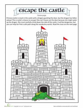 A 4th grade vocabulary worksheet featuring a princess navigating her escape from a castle