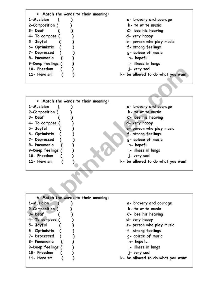 Worksheet for matching obscure vocabulary words with their meanings