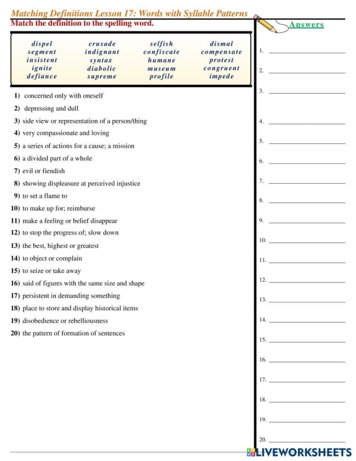 Fourth grade vocabulary worksheet for matching words to their meanings