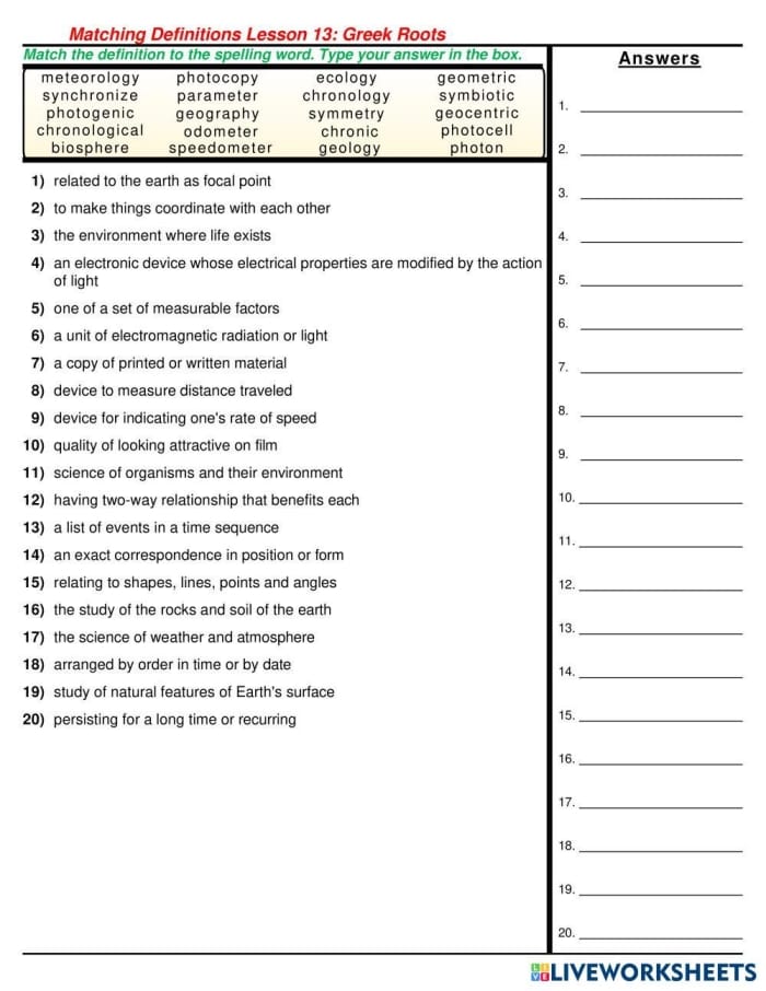 worksheet showing vocabulary matching activity for fourth graders