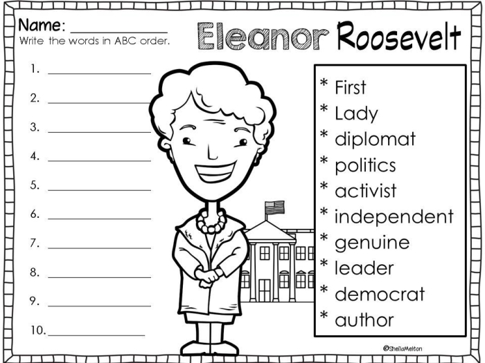 Fourth grade vocabulary worksheet featuring a portrait and facts about historical figure Eleanor Roosevelt