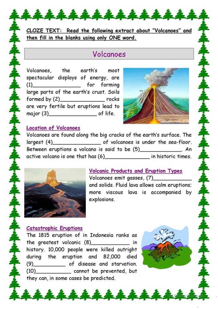 Cutaway diagram illustrating the science of volcanic eruptions for a fourth-grade worksheet