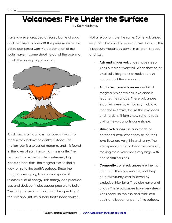 Cutaway diagram illustrating volcanic eruptions for the All About Volcanoes worksheet