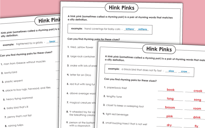 Winter Hink Pink Riddles worksheet featuring 15 engaging rhyming puzzles for fourth graders