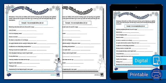 Winter Hink Pink Riddles worksheet featuring 15 fun rhyming puzzles for fourth graders
