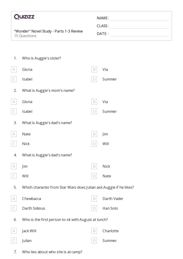 Worksheet for pre-reading activity on R.J. Palacio's novel Wonder for fourth graders
