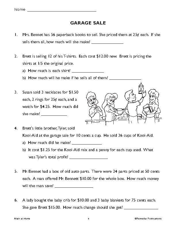 Fourth grade worksheet featuring a variety of math word problems focused on numbers and counting