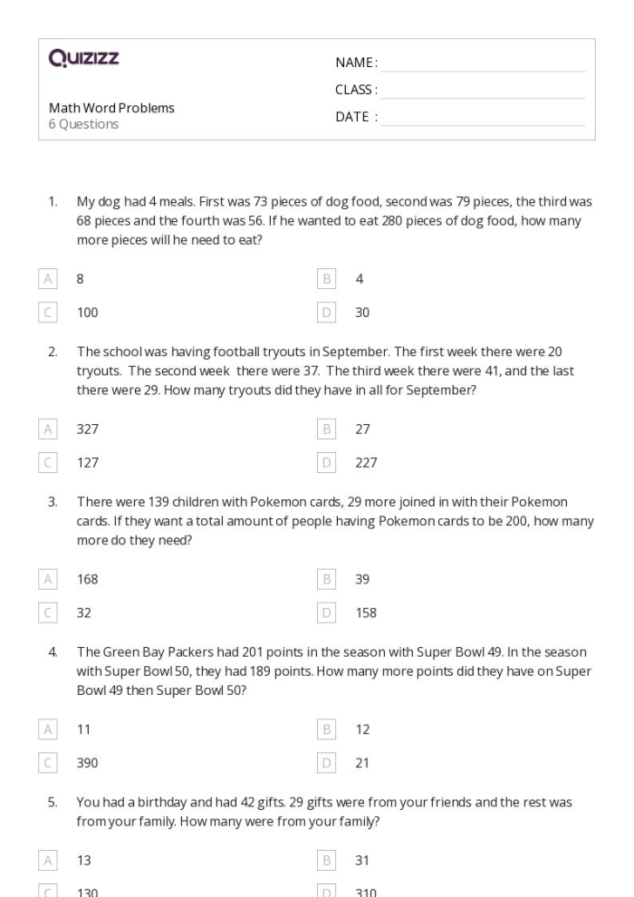 Fourth grade worksheet featuring a variety of math skills and word problems