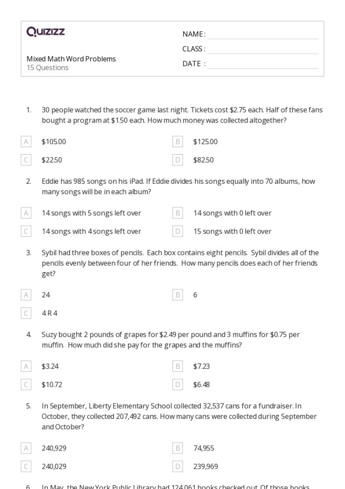 Math Skills worksheet featuring engaging word problems for fourth graders