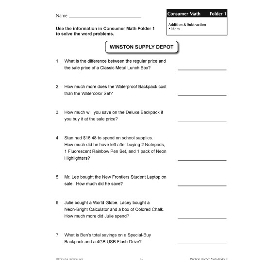 Fourth grade student working on a set of math skills word problems worksheet