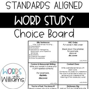 Fourth grade Word Study Choice Board worksheet designed for student engagement