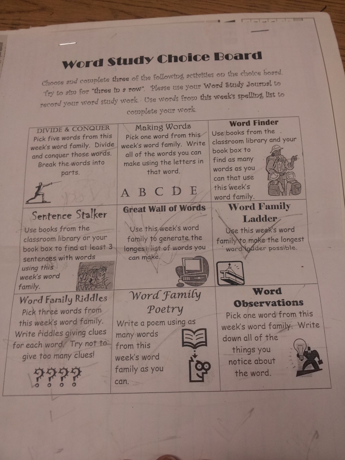 Colorful Word Study Choice Board worksheet for fourth graders promoting student engagement