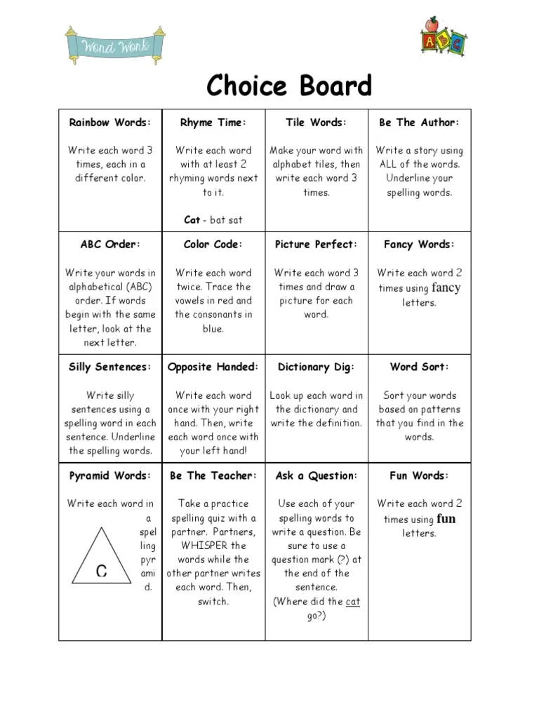 Interactive Word Study Choice Board worksheet for fourth graders