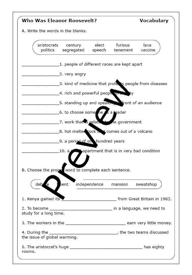 Eleanor Roosevelt worksheet for fourth graders focusing on vocabulary and historical impact