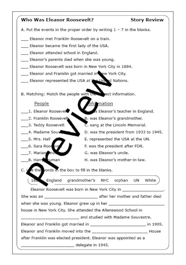 Fourth grade vocabulary worksheet featuring a portrait and biographical information about Eleanor Roosevelt
