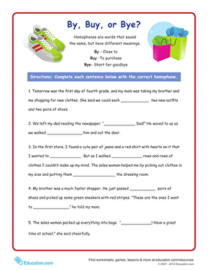 Worksheet illustrating the differences between by, buy, and bye for fourth graders