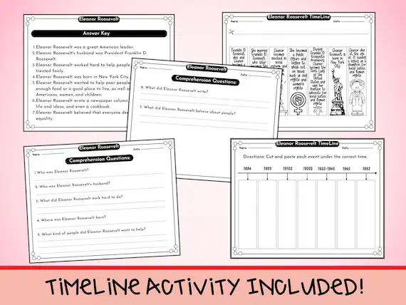 Fourth grade vocabulary worksheet featuring a biography and educational activities about historical figure Eleanor Roosevelt