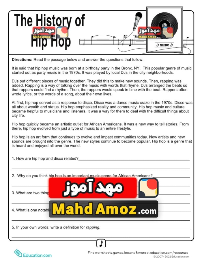 ALT text for a fourth-grade worksheet on the history of hip hop music, highlighting African-American contributions to pop music