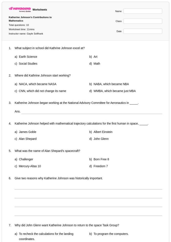 Image of a fourth-grade worksheet about Katherine Johnson's contributions to space exploration