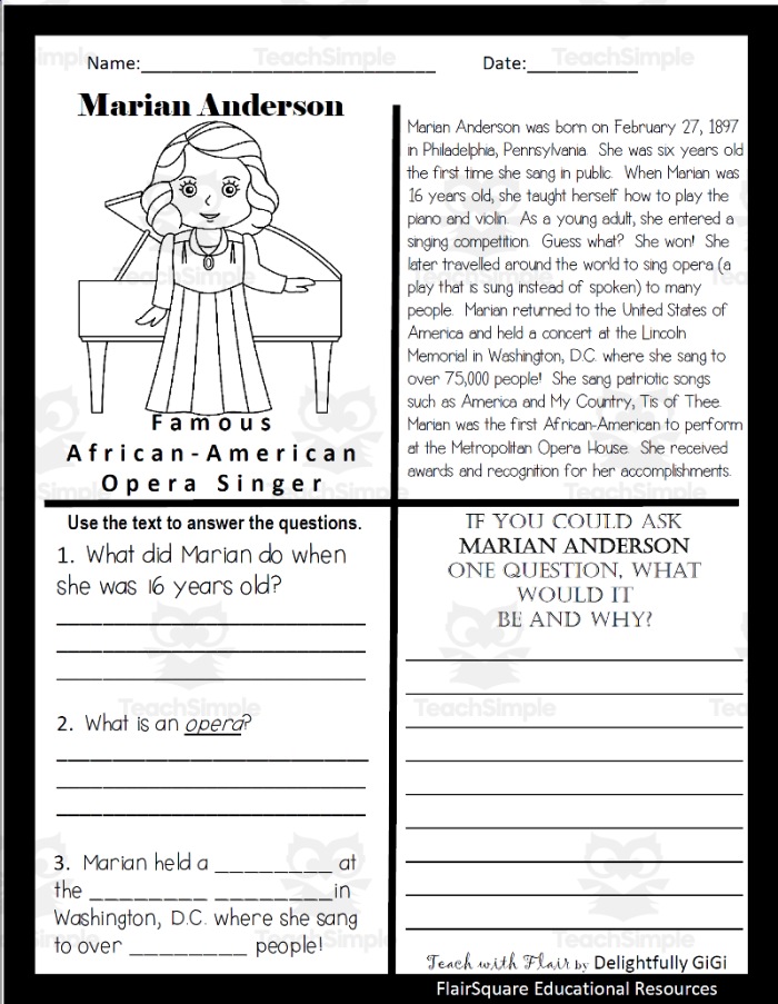 Image of a fourth-grade worksheet featuring Marian Anderson's biography and comprehension questions
