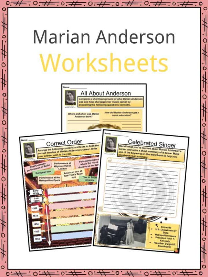 Biography worksheet featuring Marian Anderson for kids