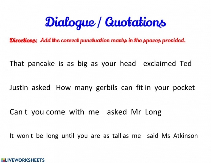 Worksheet focusing on quotation marks, punctuation, and capitalization for fourth graders