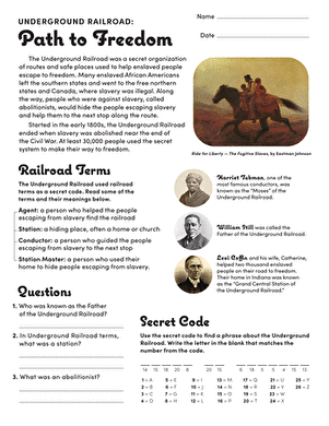 Educational worksheet focused on The Underground Railroad for fourth graders learning about addition. Interactive activity to help students understand the historic journey to freedom.