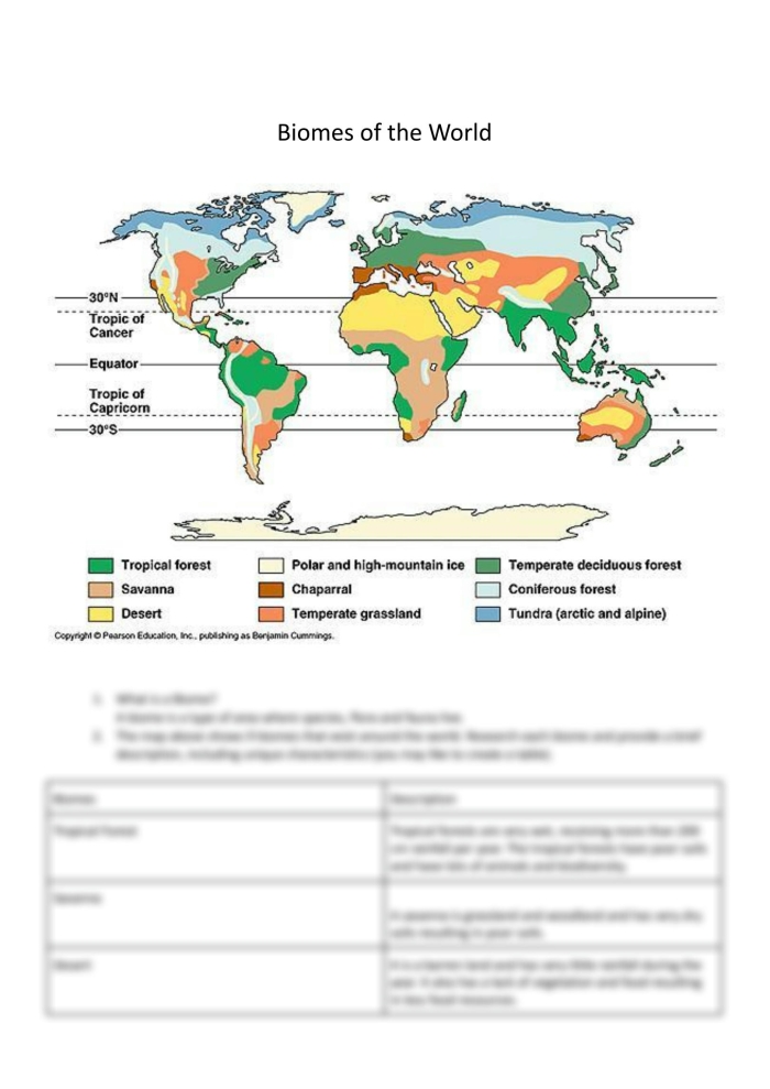 World Biomes Distribution Map for Geography Worksheet 14 Map of terrestrial biomes showing different climate regions and vegetation zones across continents for fourth grade geography study
