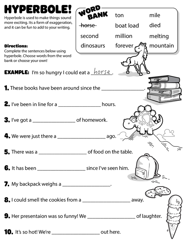 Worksheet featuring examples of hyperbole for fourth graders to enhance their writing skills