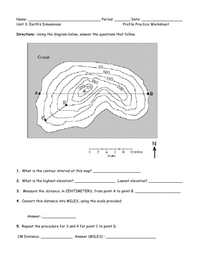 Topographic Map Contour Line Recognition Practice for Elementary Students Fourth grade student learning to identify contour lines and elevation changes on a topographic map worksheet exercise