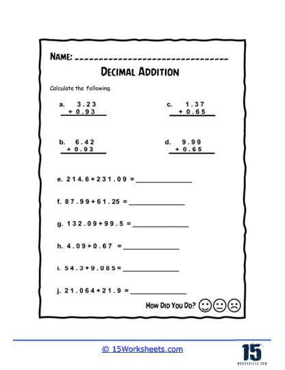 Fourth grade student completing a decimal addition practice worksheet with hundredths