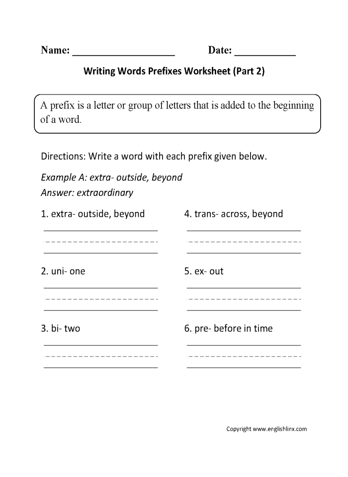 Reference guide worksheet showing prefix definitions and usage examples for elementary grammar instruction Fourth grade students learning common prefixes and their meanings with example words and definitions on a grammar worksheet page 9