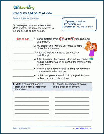 Pronouns and Point of View Practice Worksheet Number 25 Fourth grade students completing a grammar exercise focused on identifying pronouns and perspective