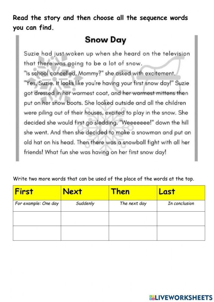 Fourth grade student completing a practice worksheet on time and sequence words